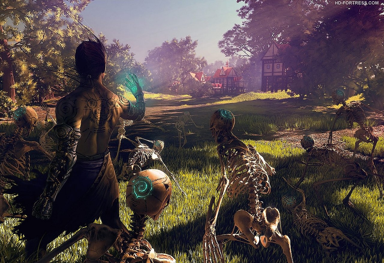 A dark warrior with glowing armor stands in a sunlit forest clearing, confronting skeletal enemies and floating mystical orbs.