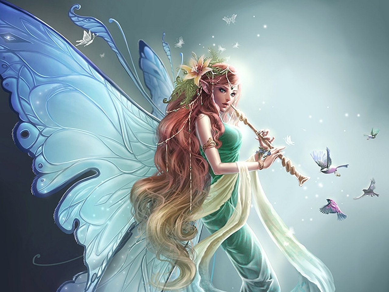 A graceful fairy stands with butterfly wings, playing a flute amidst fluttering birds and a magical glow, embodying a enchanting fantasy scene.