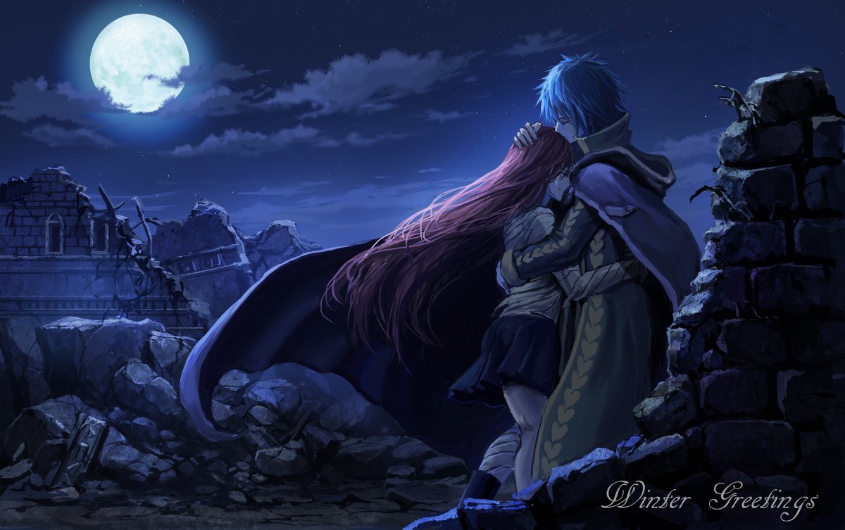 A romantic scene from the anime Fairy Tail, featuring two characters embracing under a full moon amidst ruins, capturing an atmosphere of intimacy and longing.