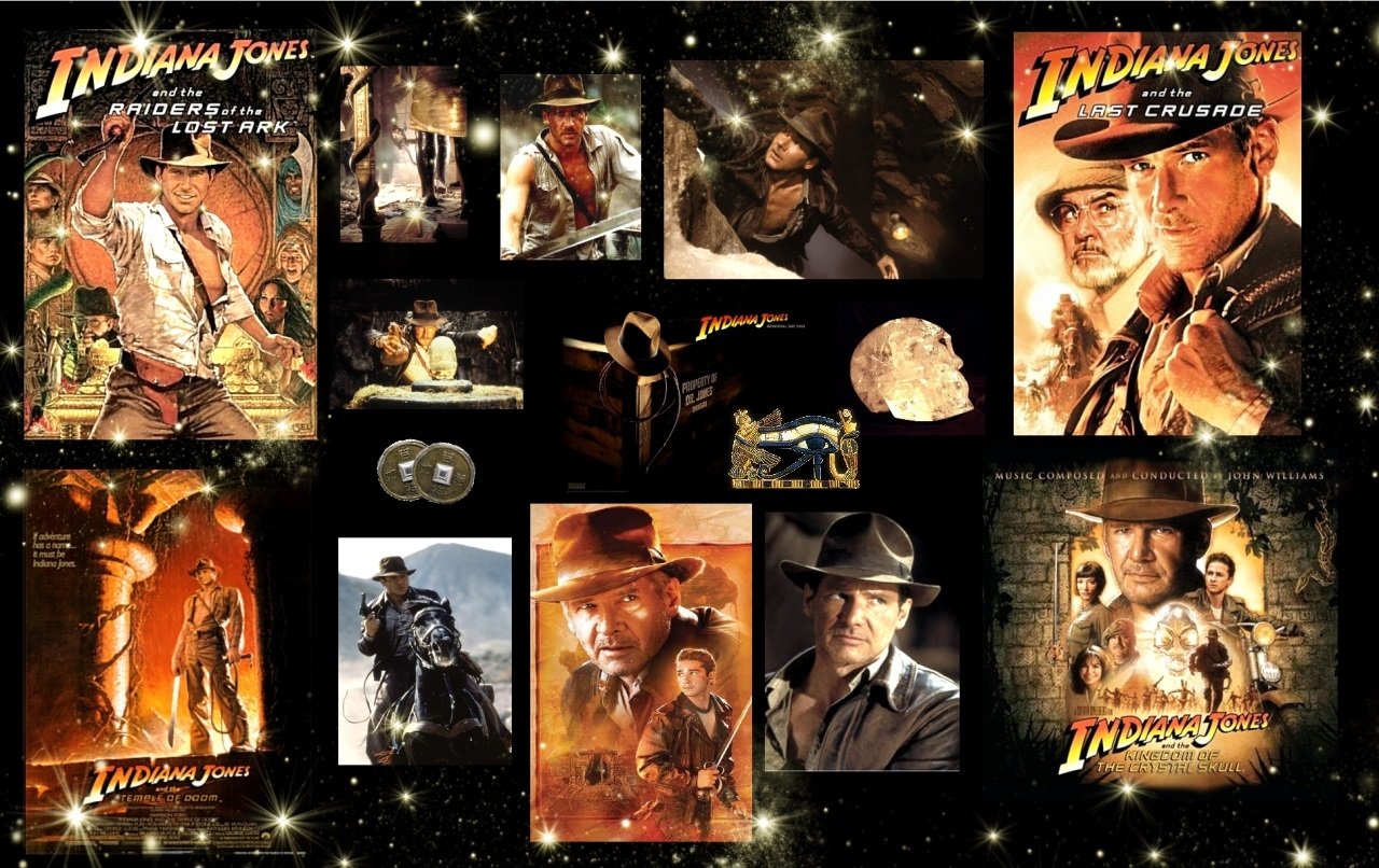 Collage of Indiana Jones movie posters and scenes featuring the fedora-clad archaeologist, iconic artifacts, whip, and adventurous action shots on a starry background.