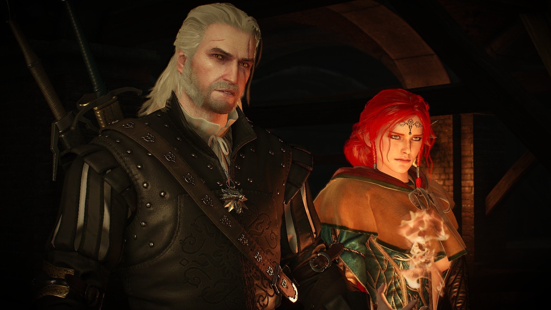 Screenshot from the video game The Witcher 3: Wild Hunt showing Geralt of Rivia and Triss Merigold in a dimly lit room; Geralt armored, Triss glowing as she readies a small spell.