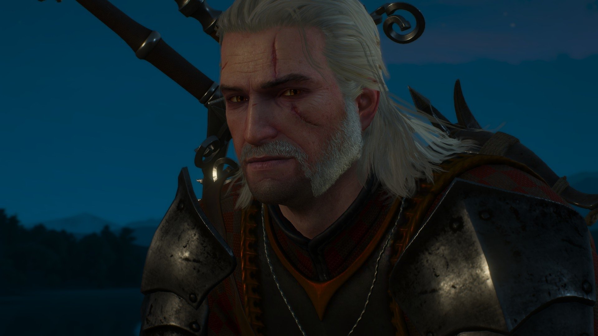 Geralt of Rivia, the protagonist from the video game The Witcher 3: Wild Hunt, appears with a scarred face and armor against a dark, nighttime background.