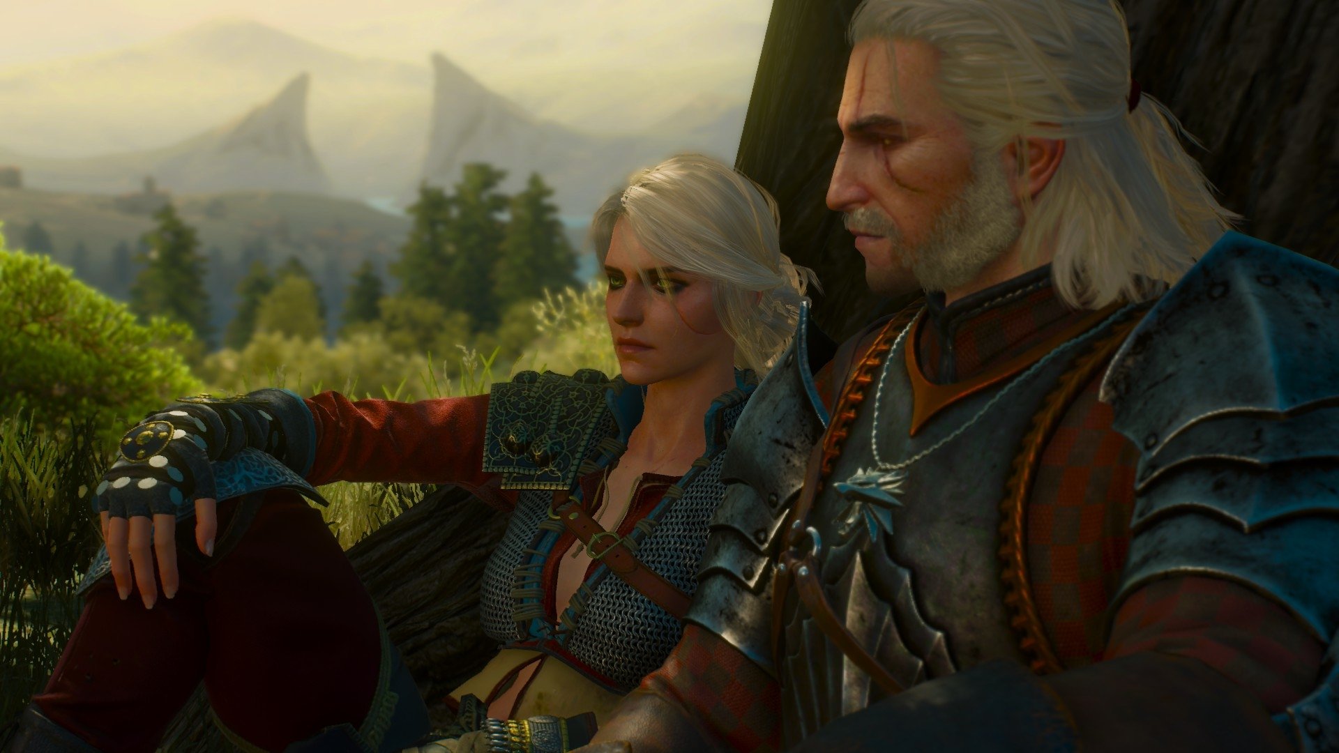 Geralt and Ciri from the video game The Witcher 3: Wild Hunt sit resting against a tree, overlooking a sunlit valley.