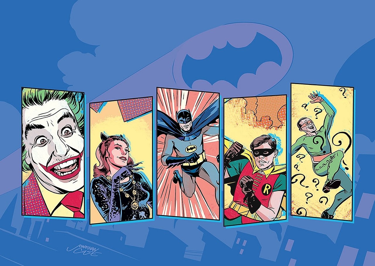 Colorful comic panels feature DC Comics villains and heroes: Joker, Catwoman, Batman, Robin, and the Riddler with Gotham City and Bat-Signal in the background.