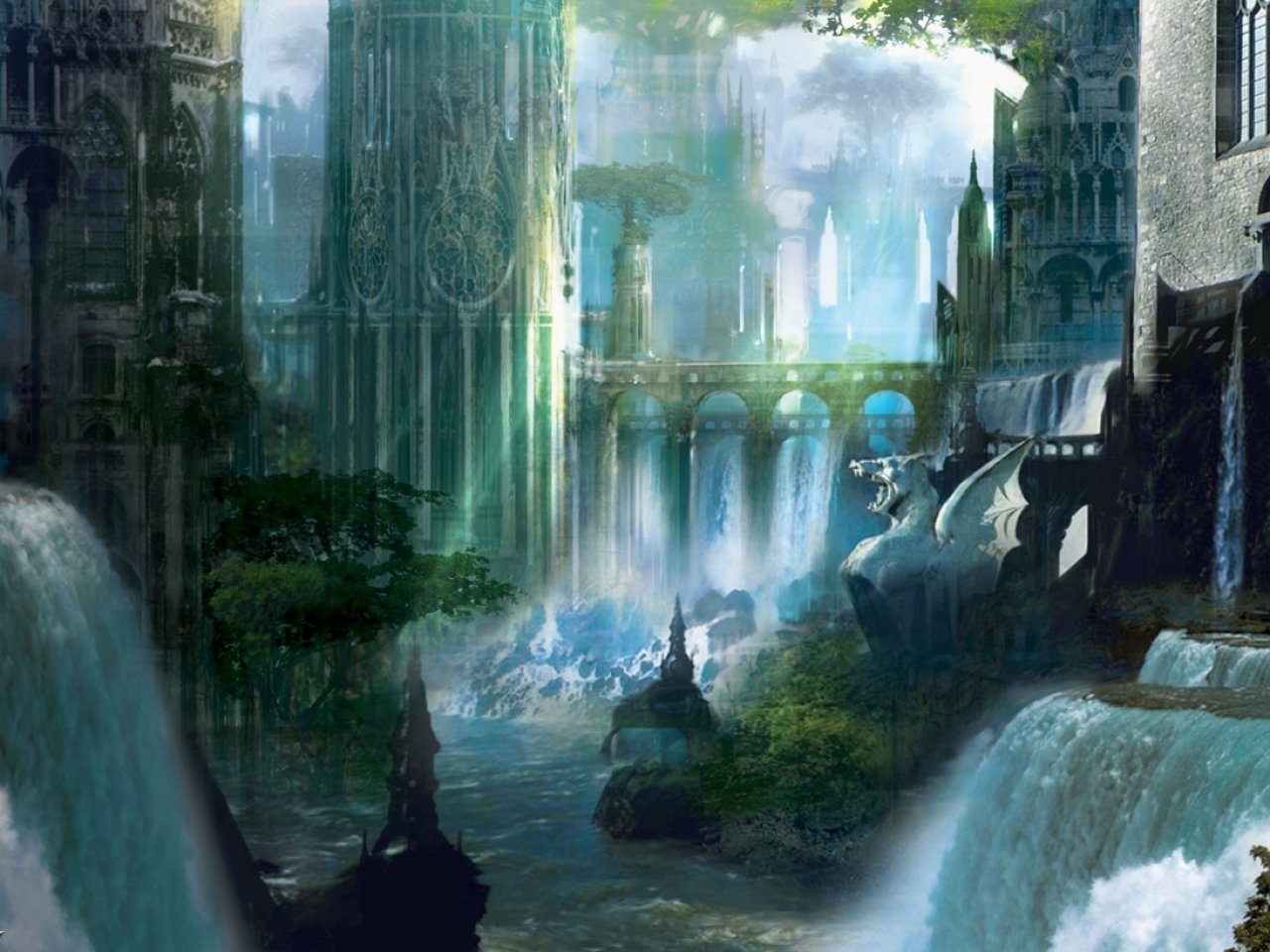 A magical landscape featuring towering structures and cascading waterfalls, inspired by the enchanting realms of Magic: The Gathering. Lush greenery adds to the otherworldly atmosphere.