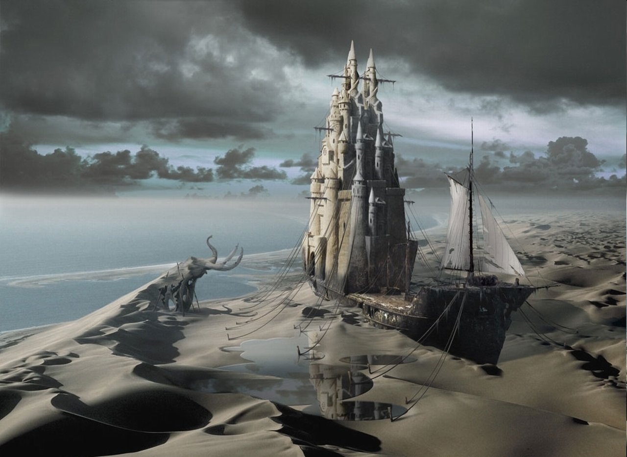 A fantastical castle rises from a vast sandscape with a ship docked beside it under a moody, cloud-filled sky.