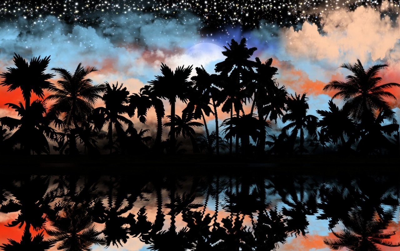 Artistic tropical landscape at night with silhouetted palm trees, a vibrant moonrise, scattered stars, and clouds reflected on calm water.
