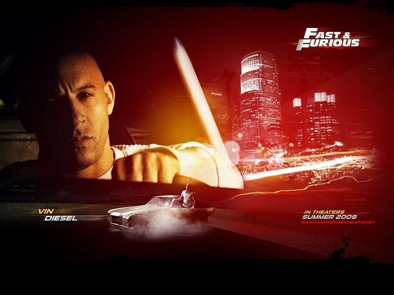 Vin Diesel portrays Dominic Toretto in this dynamic scene from Fast & Furious, featuring a sleek car against a vibrant city backdrop.