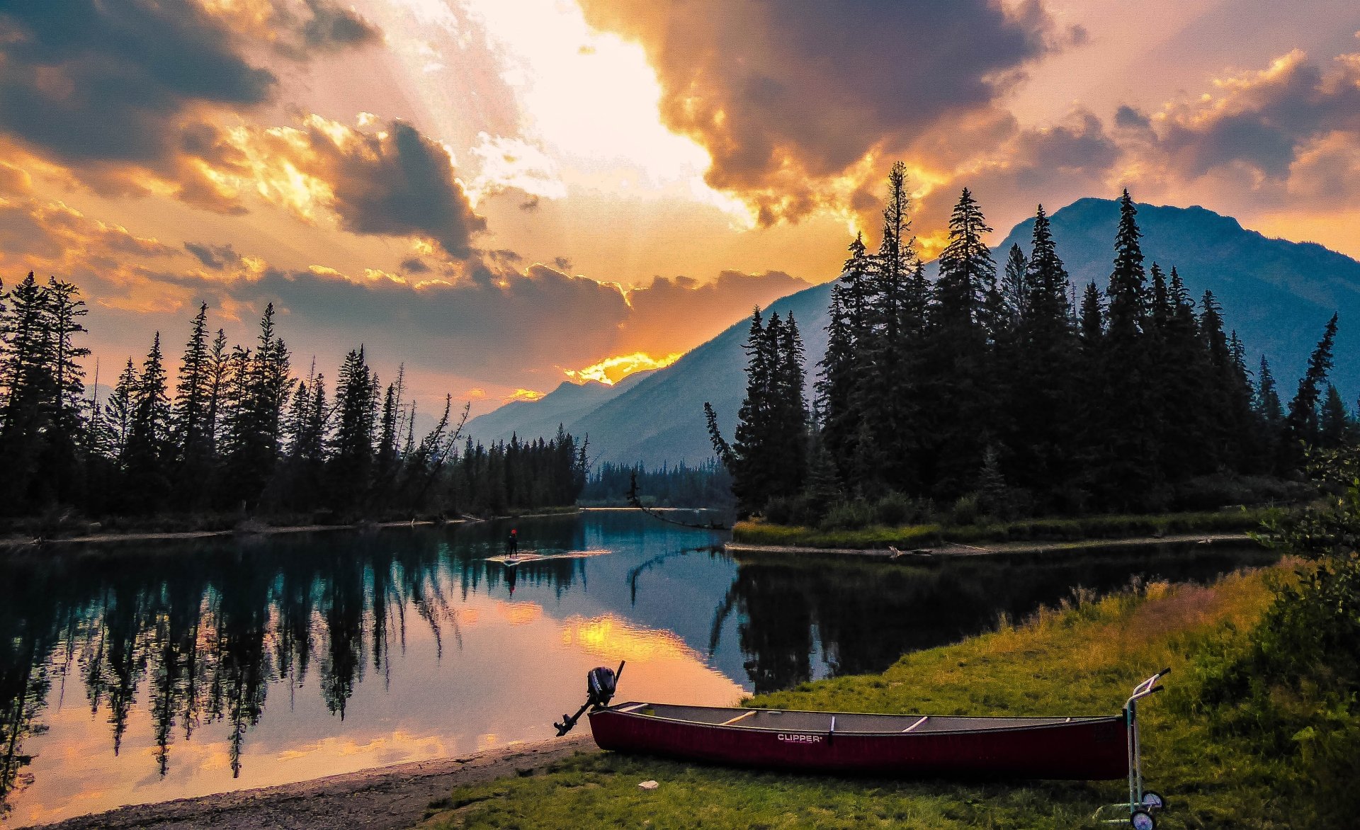 river mountain sunset banff national park vehicle boat Image