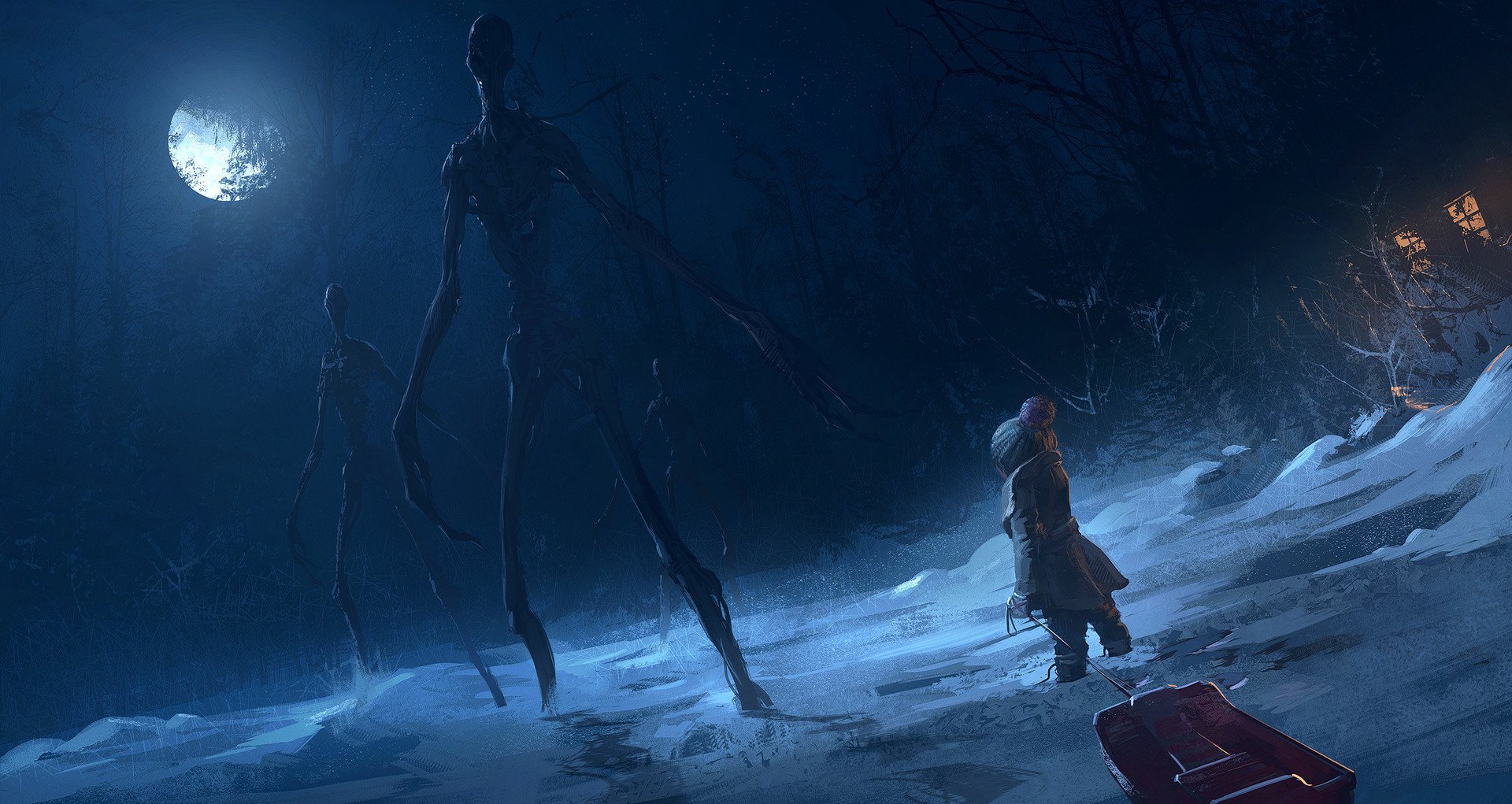 night forest sled little girl monster snow artistic dark Image