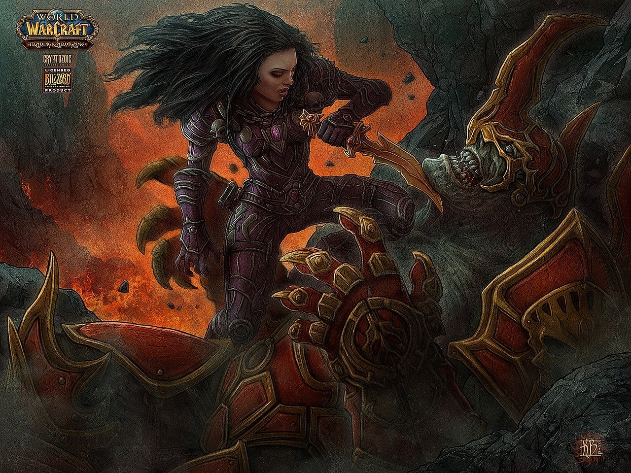 Artwork from the World of Warcraft Trading Card Game depicting a fierce female warrior clashing with a large armored orc in a fiery battle scene.