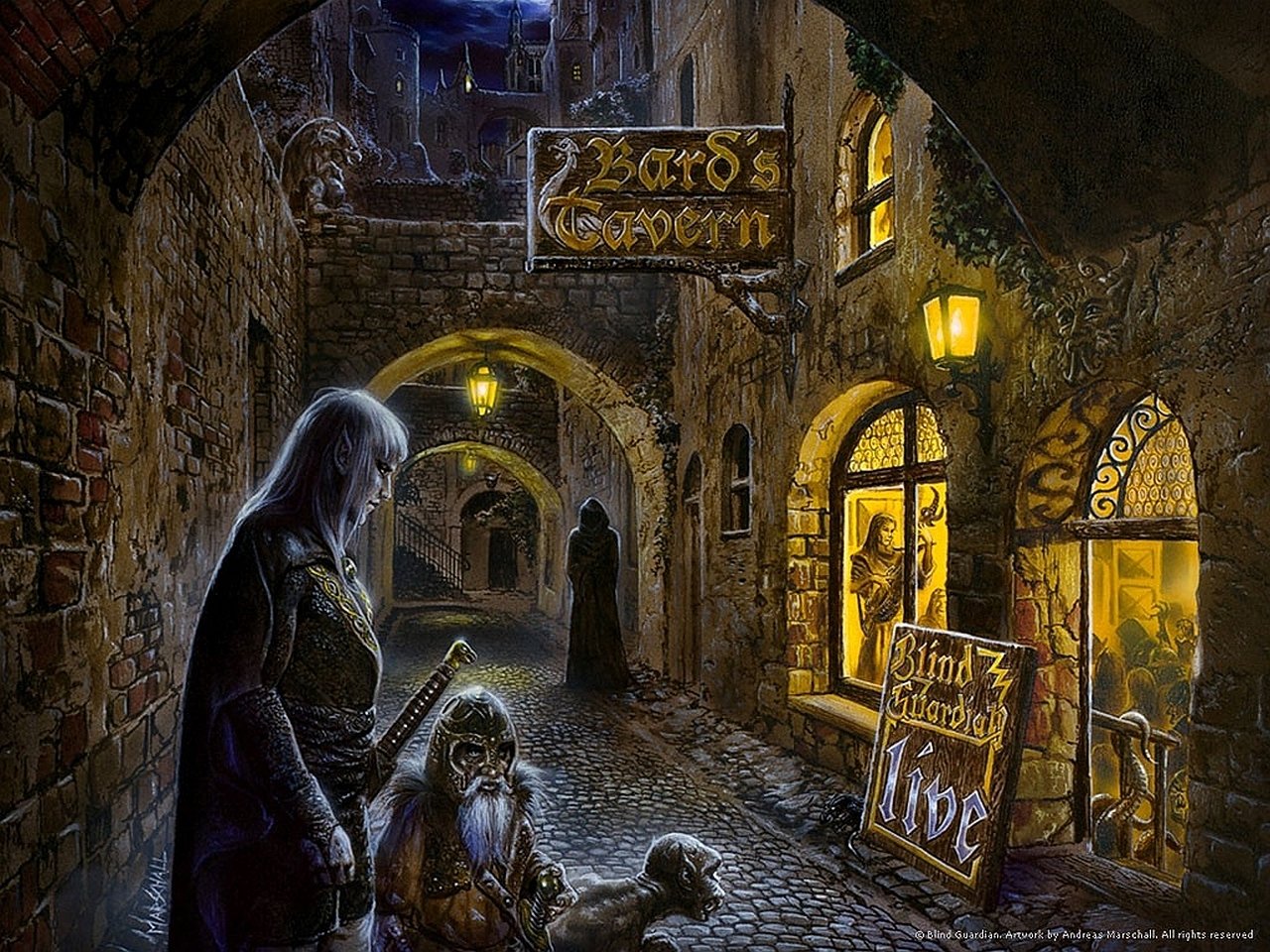 A dark, medieval alleyway features a sign for Bard's Tavern, with figures resembling characters from Blind Guardian. The scene is illuminated by warm, glowing lanterns.