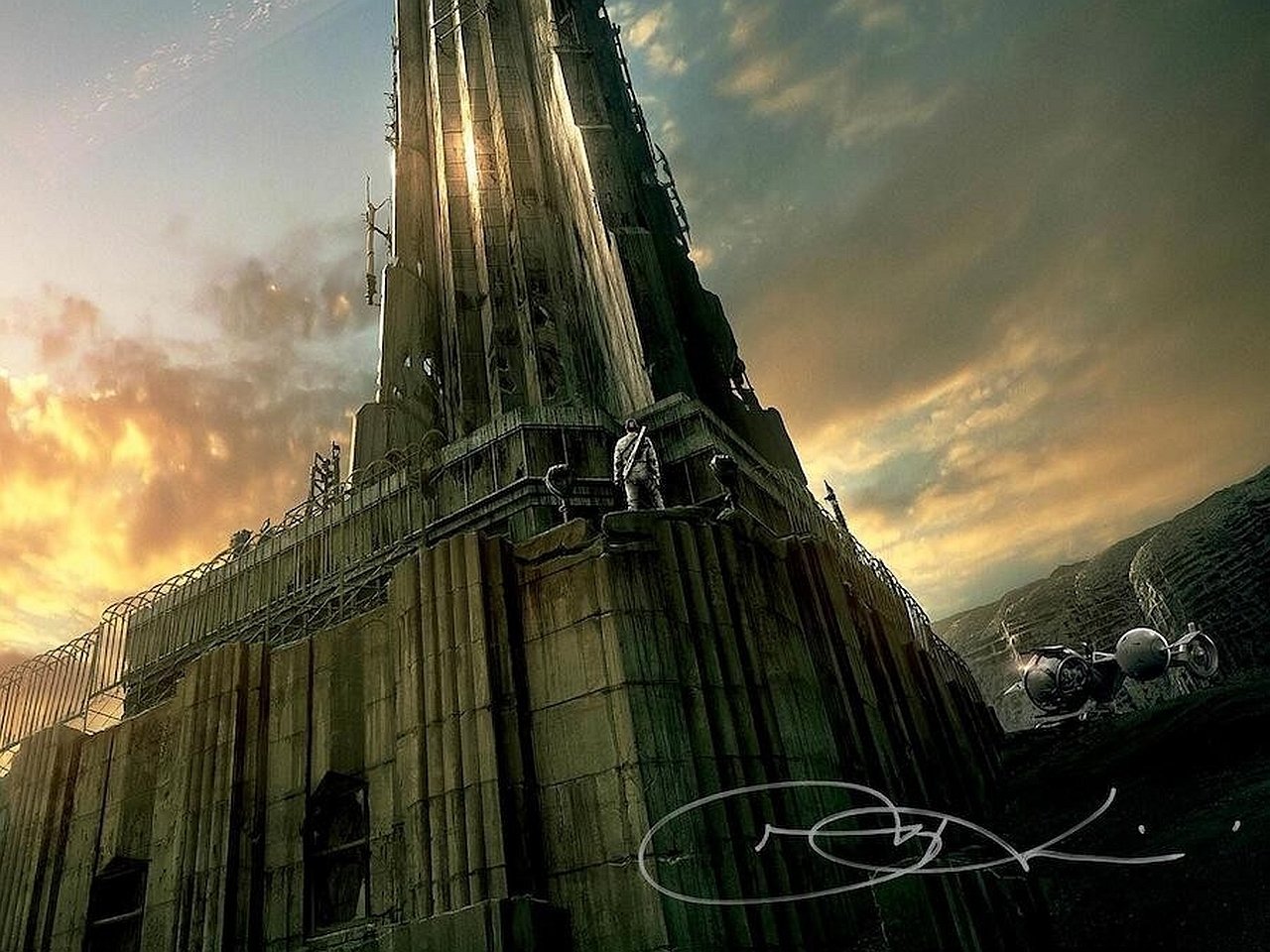 Monolithic futuristic tower with a lone technician and hovering drones beneath a dramatic sky — scene from the movie Oblivion (2013).