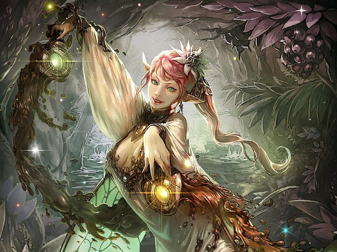 Video game art — Legend of the Cryptids: pink‑haired elf/fairy in a bioluminescent forest cave, holding a glowing orb above a misty pool, entwined in vines and flowers.