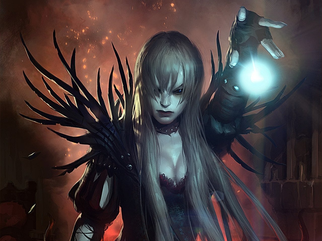 Dark sorceress from the video game Legend Of The Cryptids: pale long-haired figure in spiked black armor, reaching with a glowing blue orb amid smoky embers.