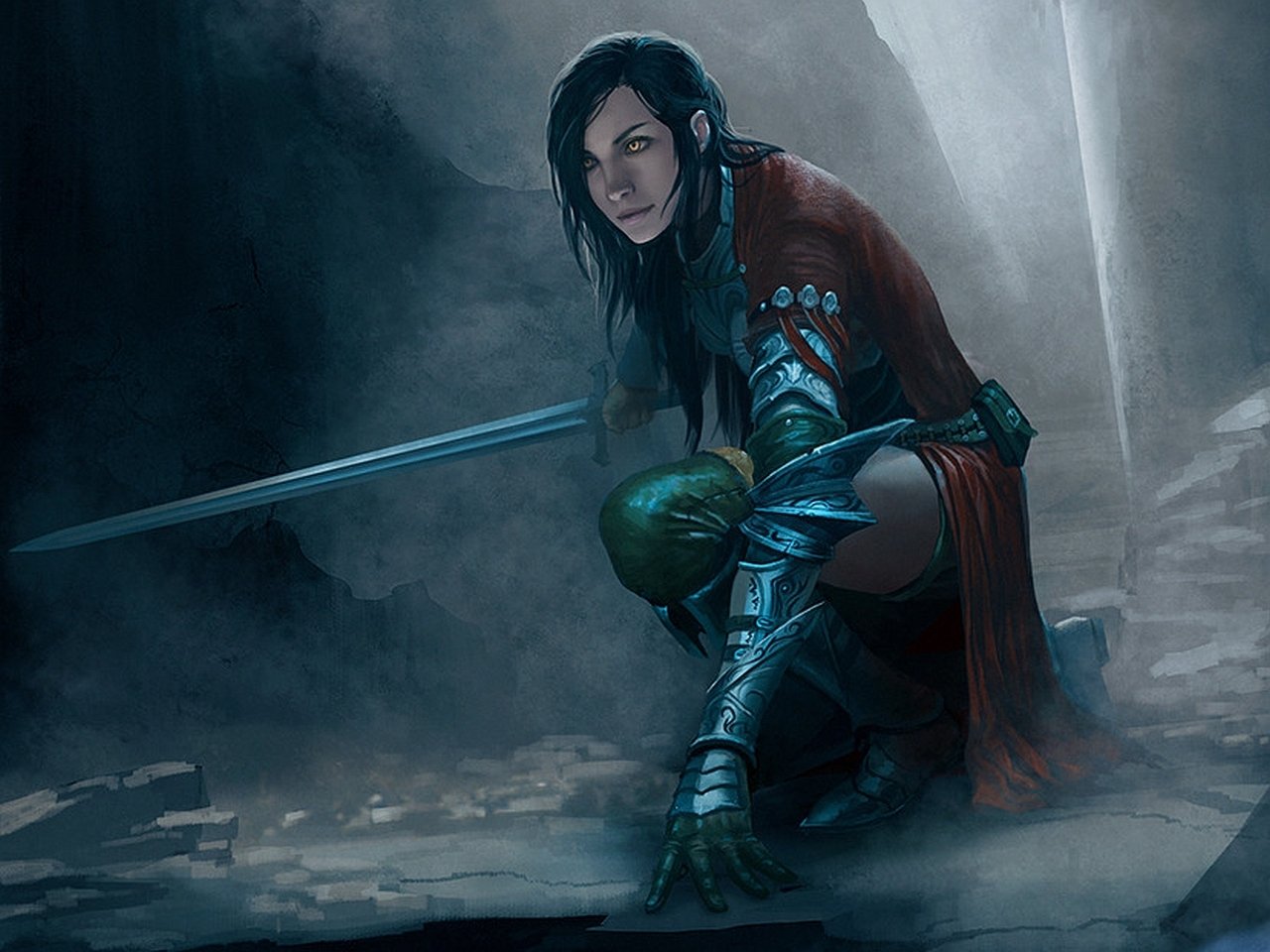 A fierce woman warrior is crouched with a sword in hand, embodying strength and determination in a dark, mystical environment. Her armor glints as shadows swirl around her.