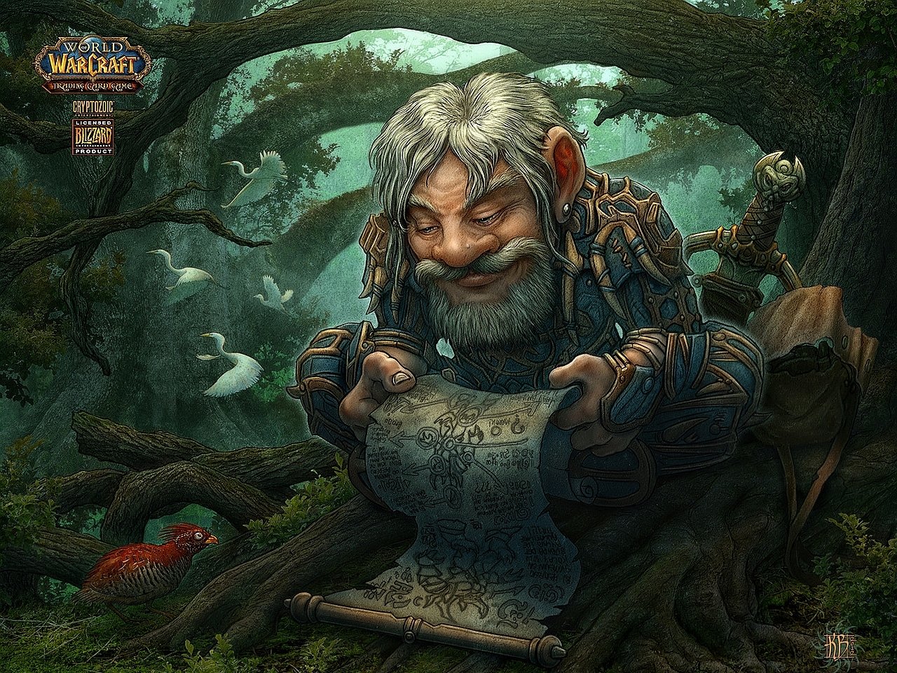 Illustration from the World of Warcraft Trading Card Game showing a detailed character reading a long scroll in a dense, magical forest setting.