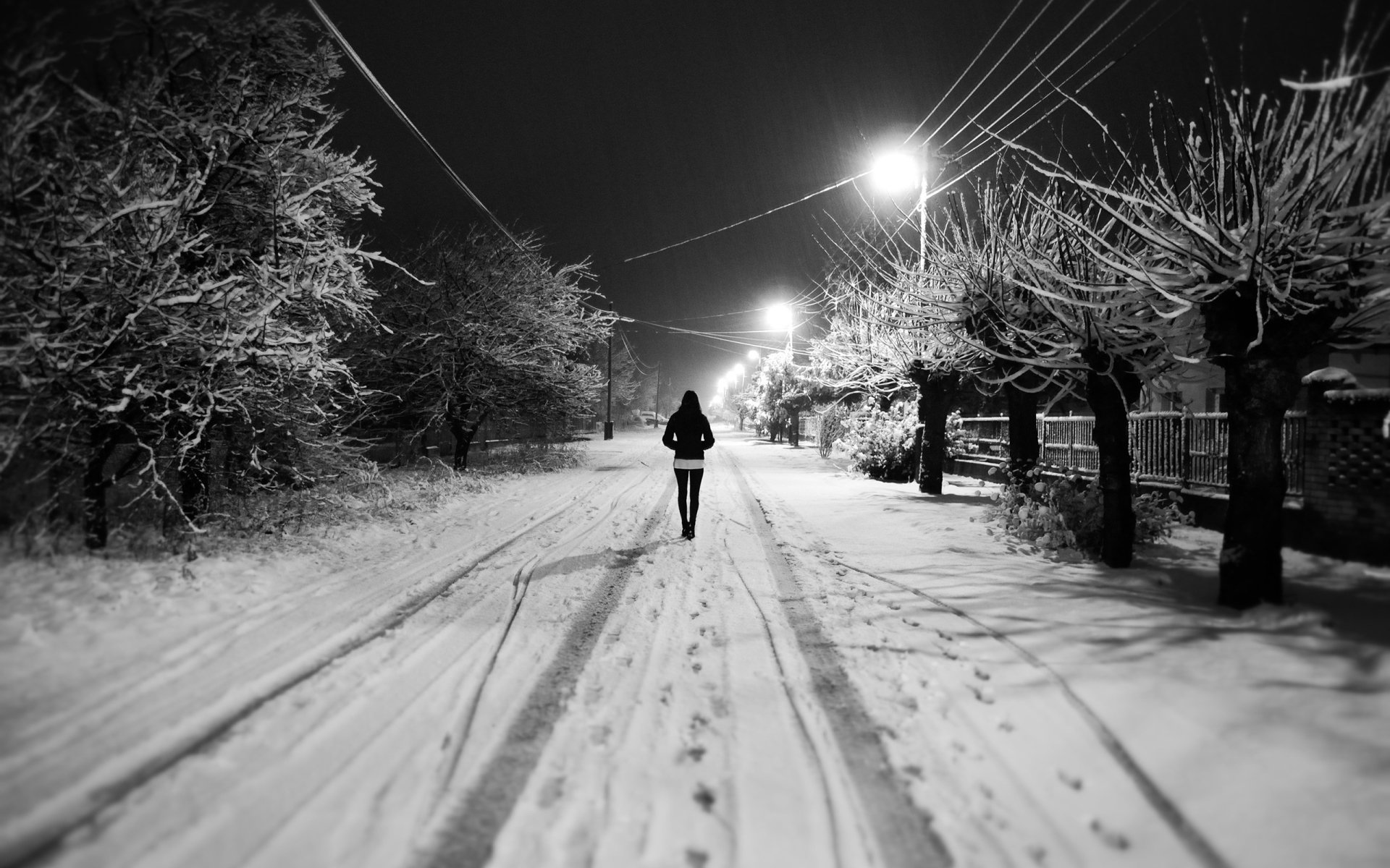 A solitary woman walks down a snowy, dimly lit street at night, surrounded by bare trees, creating a quiet and contemplative mood.