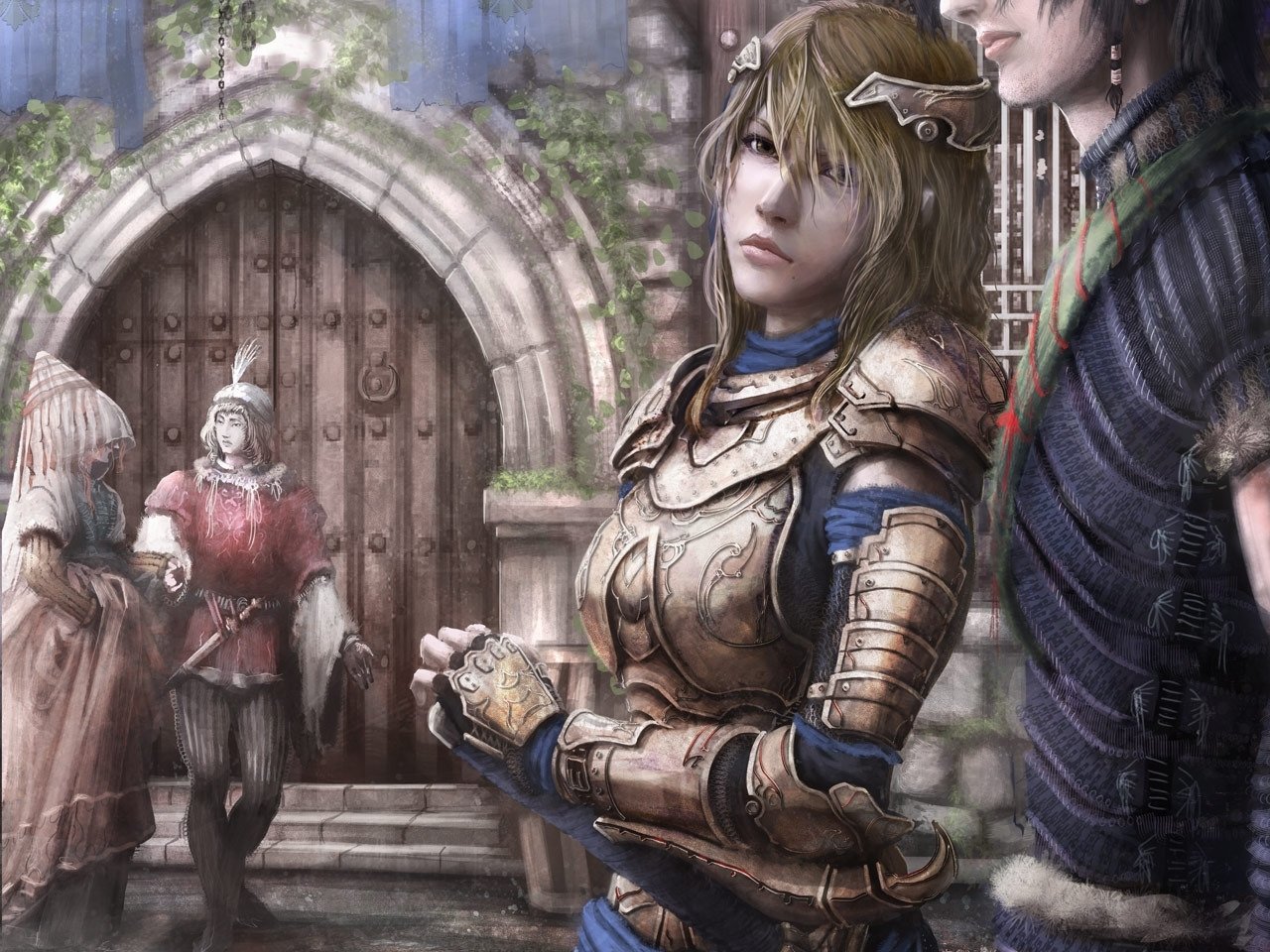 A fantasy scene featuring a woman in detailed armor standing near a man, with a castle entrance and a guard in the background.