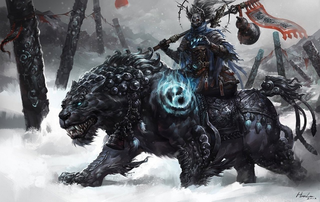 A fierce fantasy warrior rides a formidable creature through a snowy landscape, exuding power and mystery amidst ancient banners and misty atmospheres.