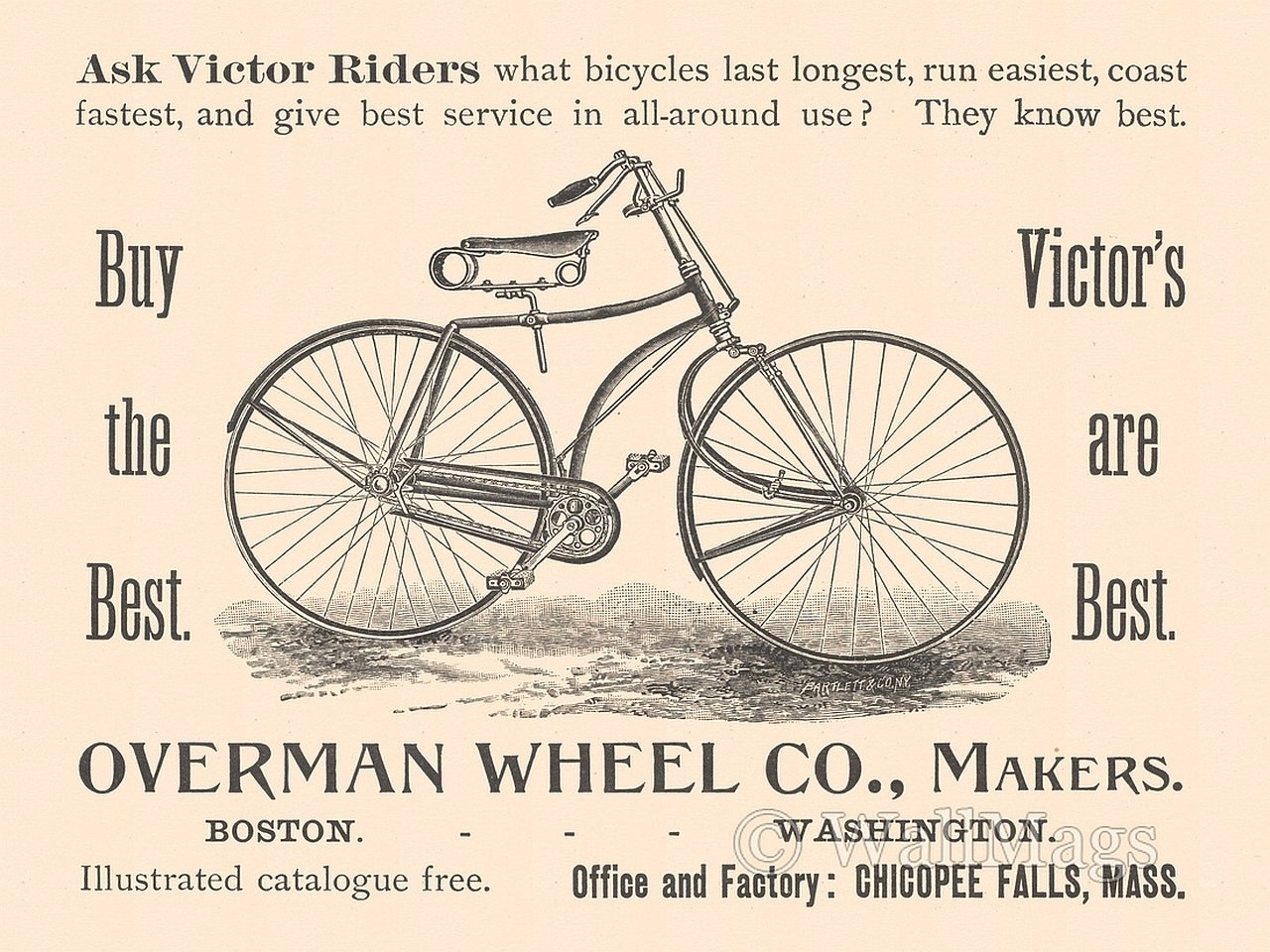 Vintage advertisement featuring a bicycle vehicle illustration with ornate frame and advertising text for Overman Wheel Co., reading Victor's are Best.