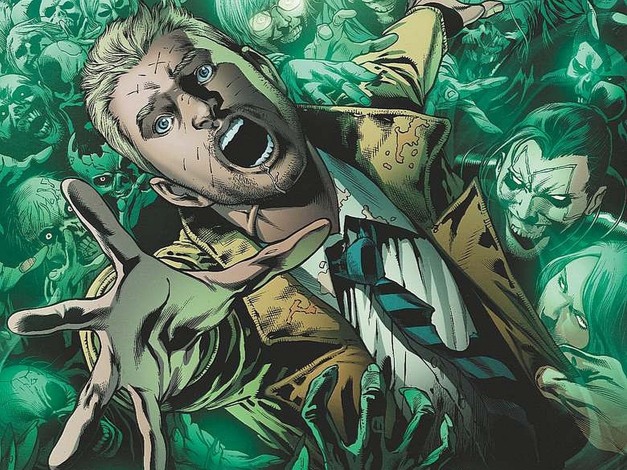 John Constantine from DC Comics is depicted in a dynamic comic scene, reaching out amid ghostly, eerie green figures surrounding him.