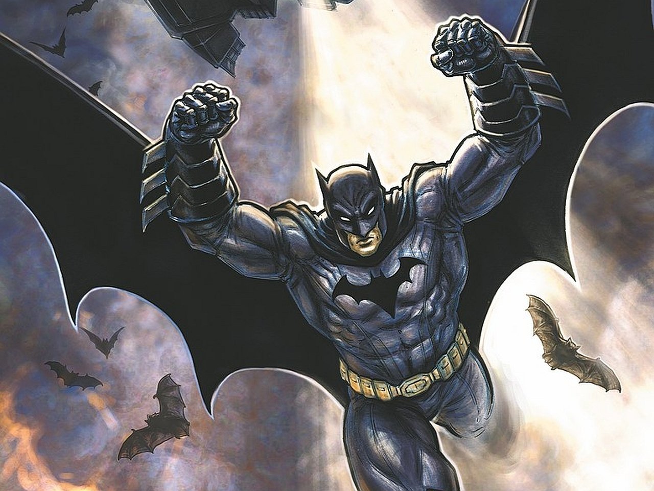 Illustration of The Dark Knight Batman soaring through stormy skies, cape spread wide, fists raised, bats swirling below — comic-style Legends of the Dark Knight cover art.