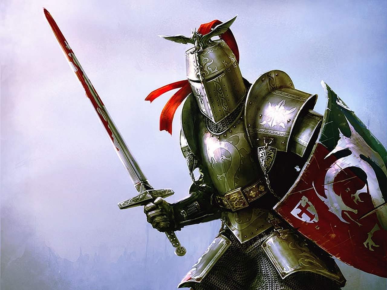 A fantasy knight stands poised, clad in shining armor with a blood-stained sword and a vibrant red ribbon. His shield bears a striking emblem, set against a misty backdrop.