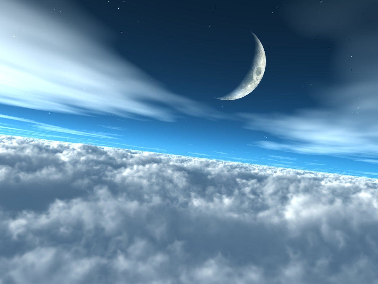 A crescent moon shines above a vast expanse of clouds under a deep blue sky, showcasing the beauty of nature at twilight.