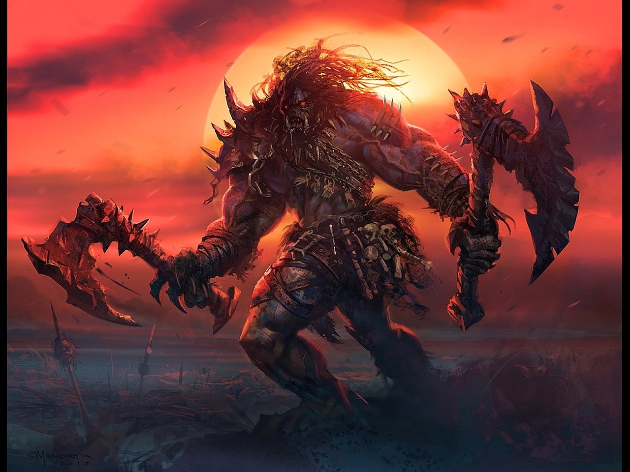 A dark warrior stands assertively against a fiery sunset, wielding dual axes. His fierce expression and imposing physique highlight a formidable presence in a desolate landscape.