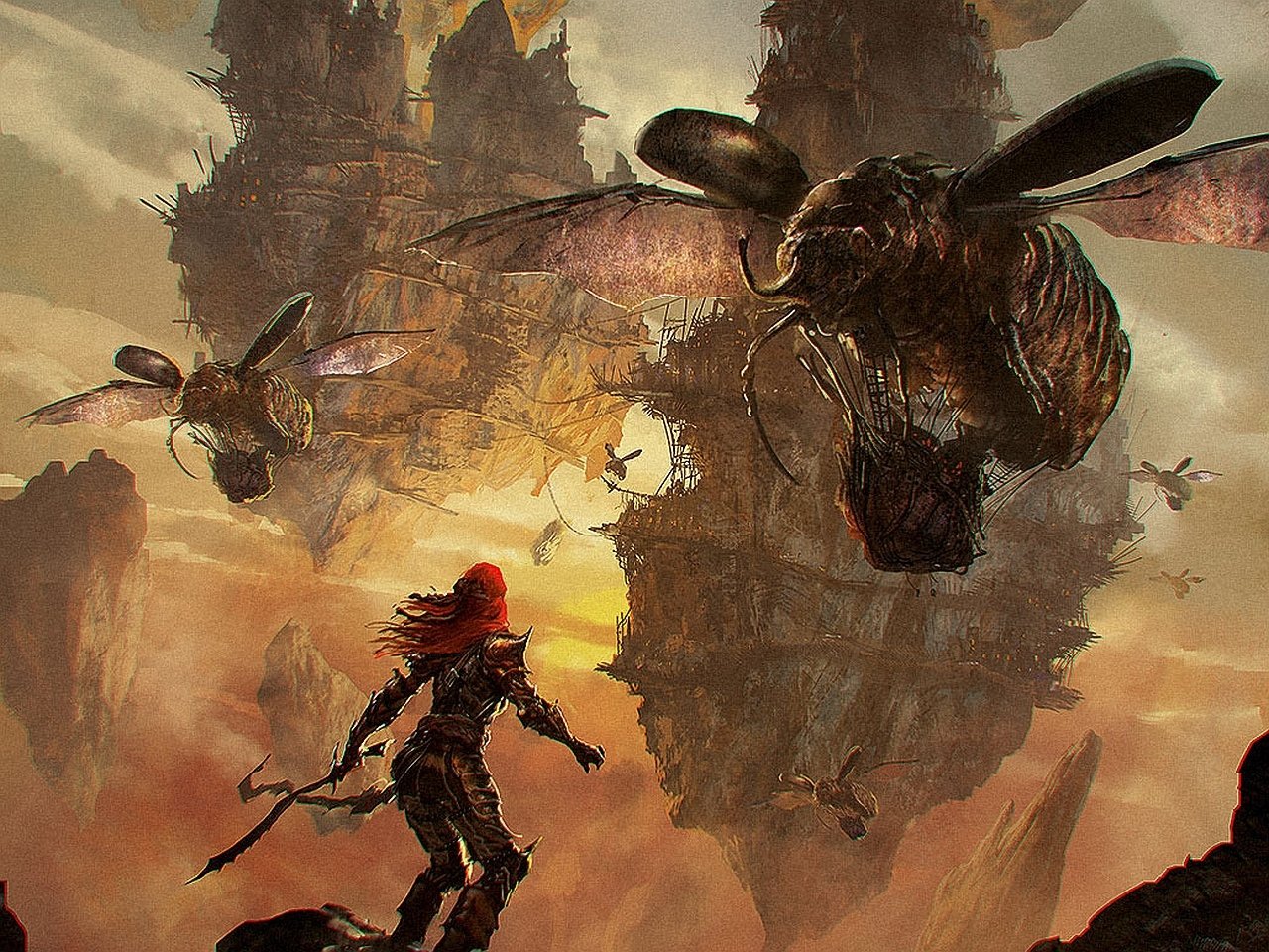 Fantasy woman warrior with red hair stands on a cliff, spear raised, confronting giant flying insect-beasts amid floating rock spires at sunset.