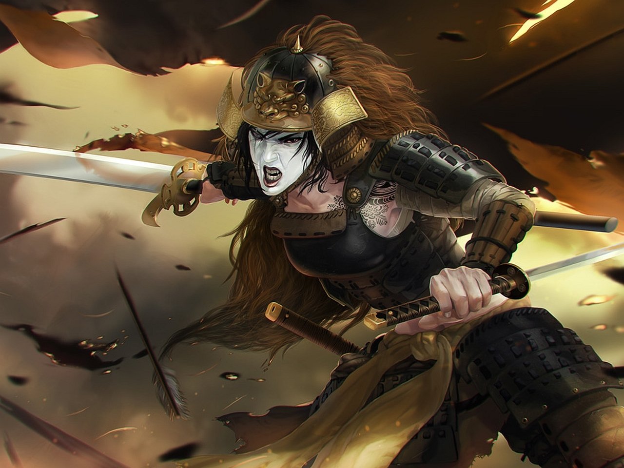 Fantasy Legend of the Five Rings — a fierce samurai warrior with lion-style helmet and flowing mane, shouting as she dual-wields swords amid flying arrows and torn banners.