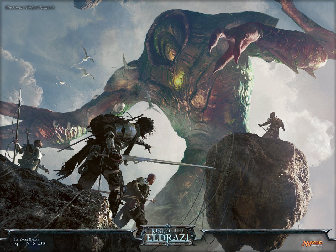 Epic battle scene from Magic: The Gathering featuring armored warriors confronting a gigantic, menacing Eldrazi creature in a rocky, otherworldly landscape. Man-made artwork.