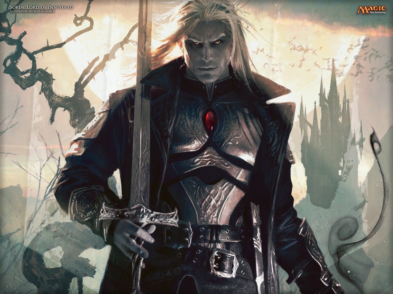 A warrior with long white hair stands confidently, wielding a sword, dressed in dark armor adorned with a red gem. This artwork is inspired by Magic: The Gathering's fantasy world.
