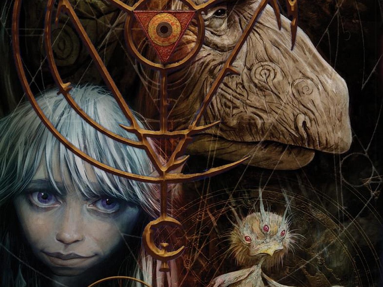 Comic cover for The Dark Crystal: a pale‑haired Gelfling with large eyes beside a weathered Skeksis head, surrounded by arcane sigils and a small Fizzgig.