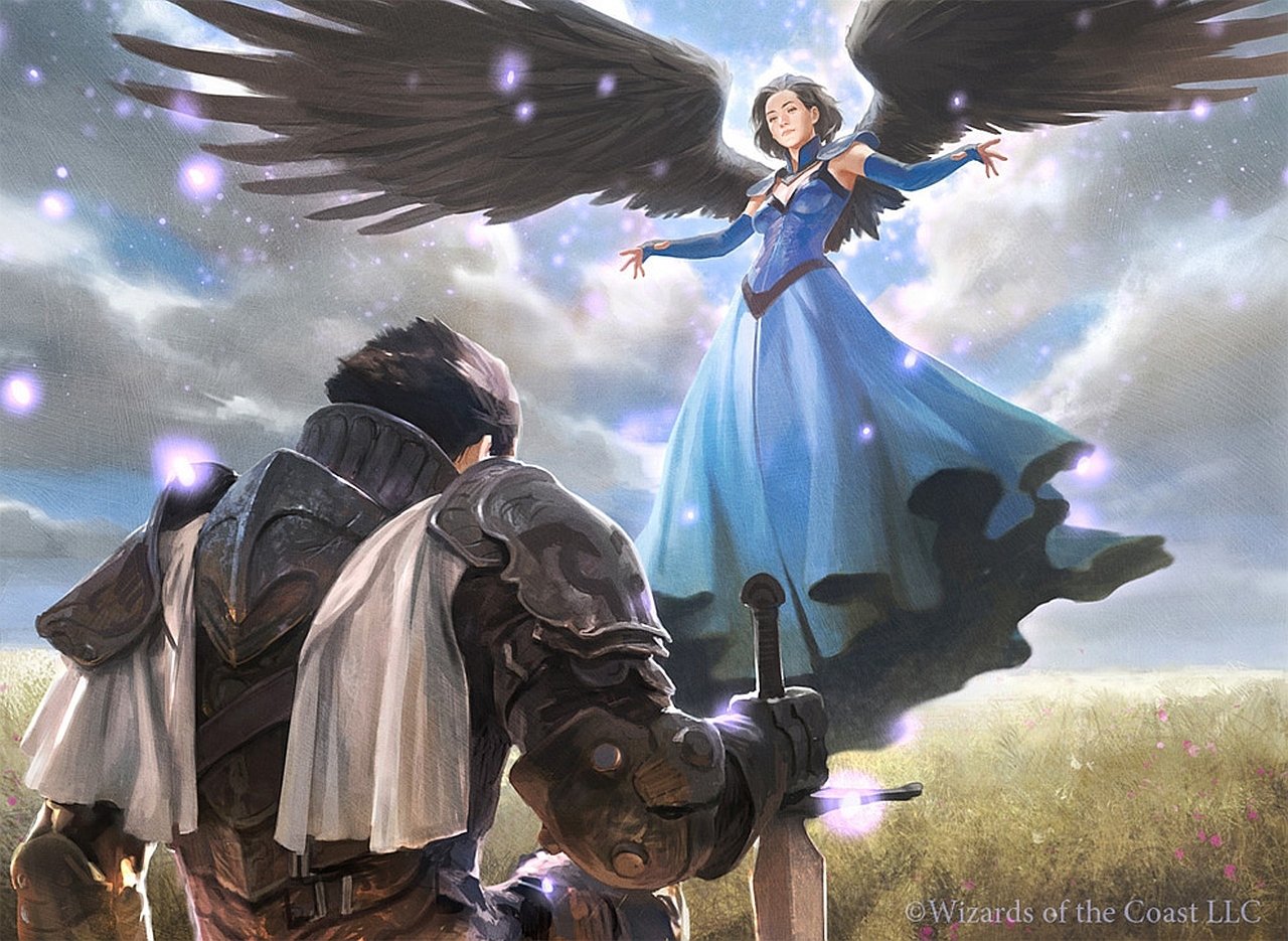 Man-made Magic: The Gathering art of an armored knight kneeling with sword as a radiant winged woman in a blue gown descends amid glowing motes.