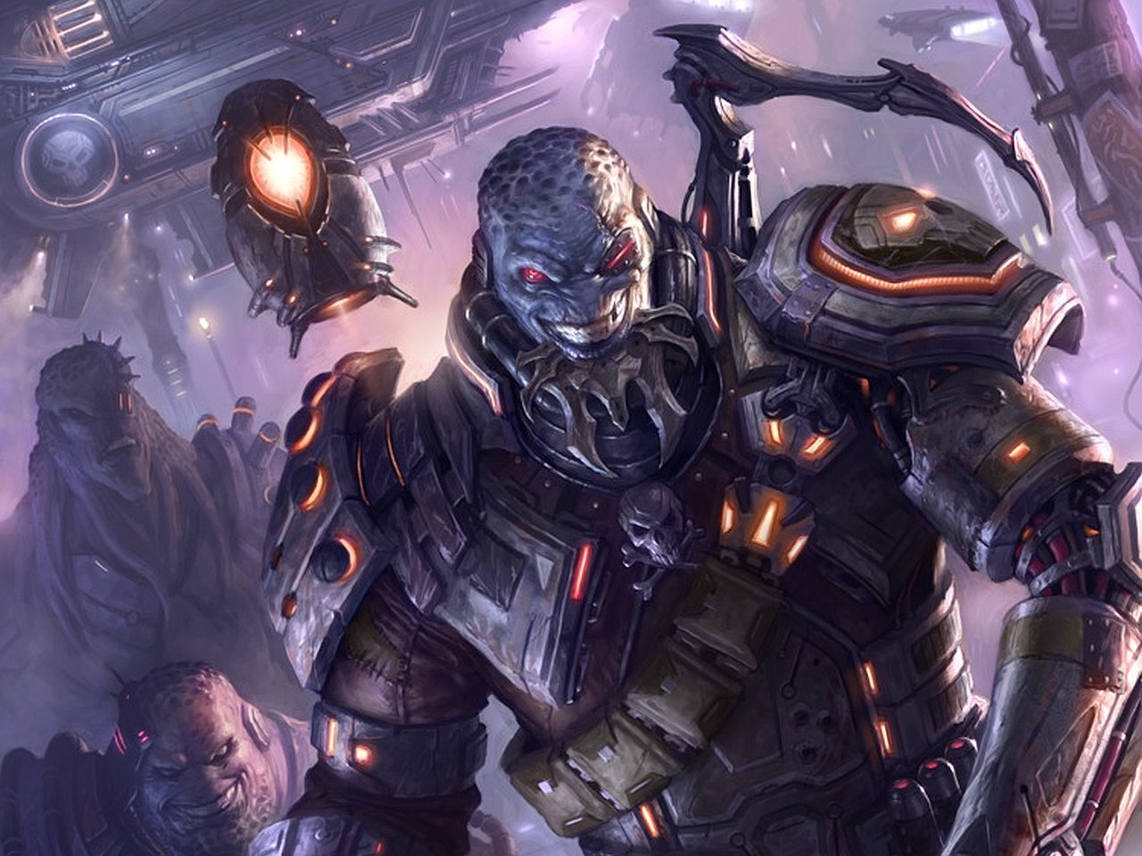 Sci-fi creature: armored alien warrior with a glowing red eye and powered exosuit in a dim starship corridor, flanked by shadowy figures.