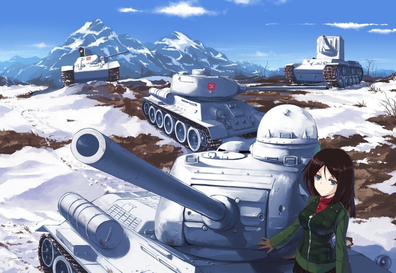A snowy landscape features tanks from Girls und Panzer, with an anime girl standing confidently beside a tank, set against majestic mountains in the background.