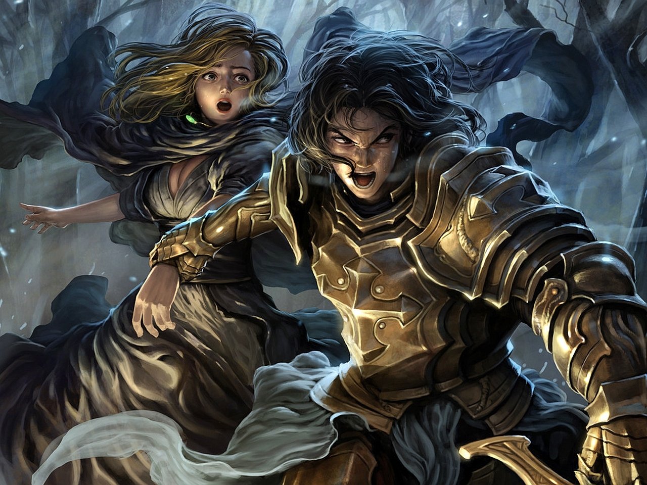 Video game: Legend of the Cryptids — armored warrior lunges, snarling with sword raised; a frightened cloaked woman clings behind him amid swirling mist and a stormy backdrop.