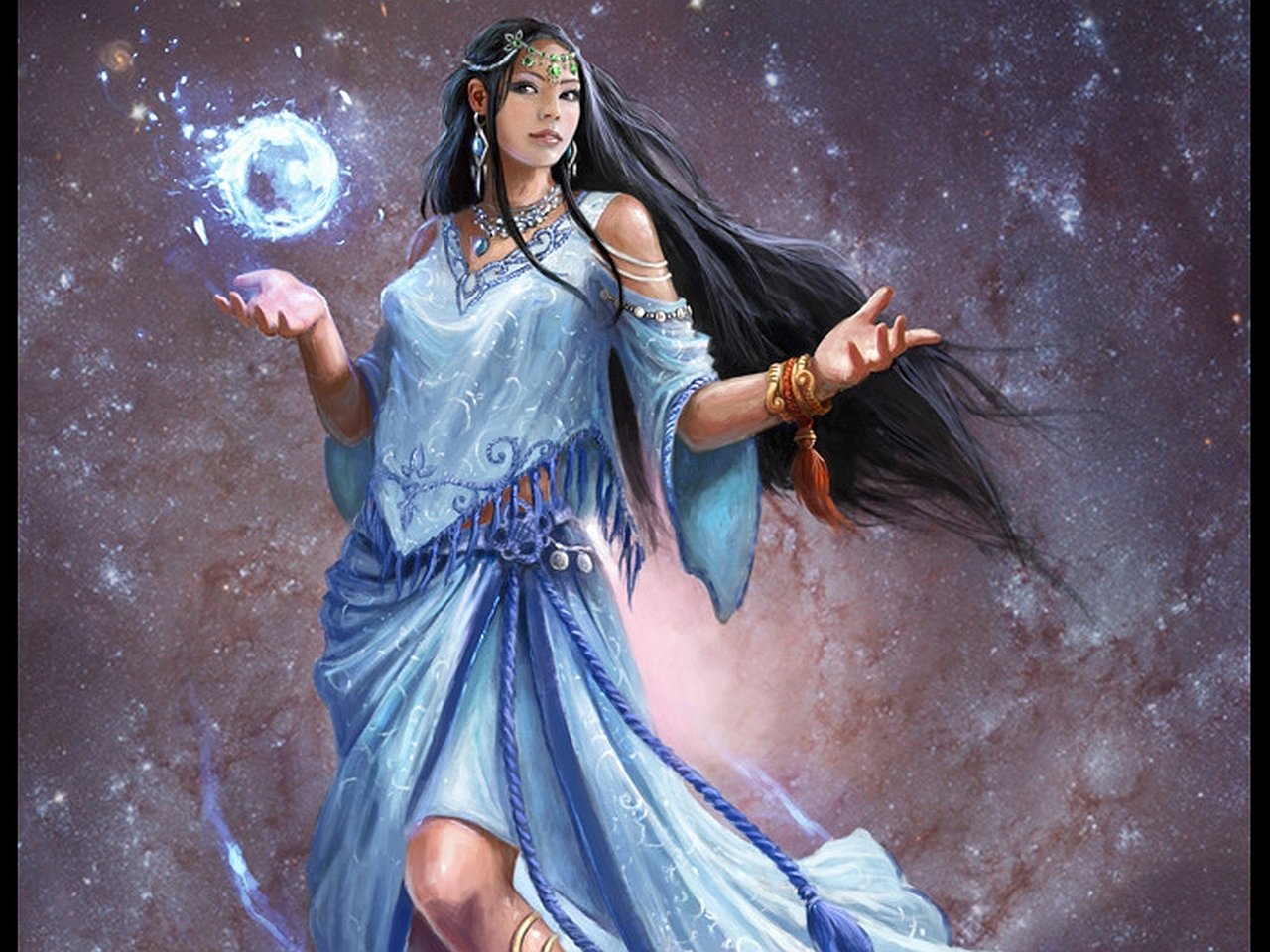 A fantasy depiction of a woman in a flowing blue gown, elegantly wielding a glowing orb, set against a cosmic backdrop filled with stars and swirling colors.