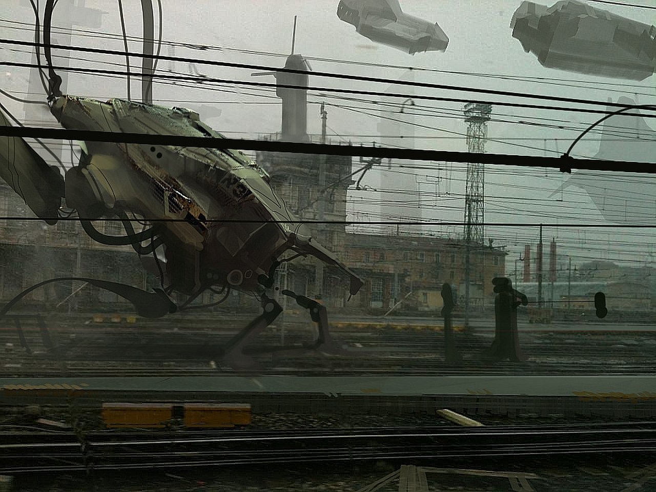 Sci-fi city scene: a spider-like walker by rail lines, hovering ships above a smoggy skyline, and silhouetted figures on a platform.