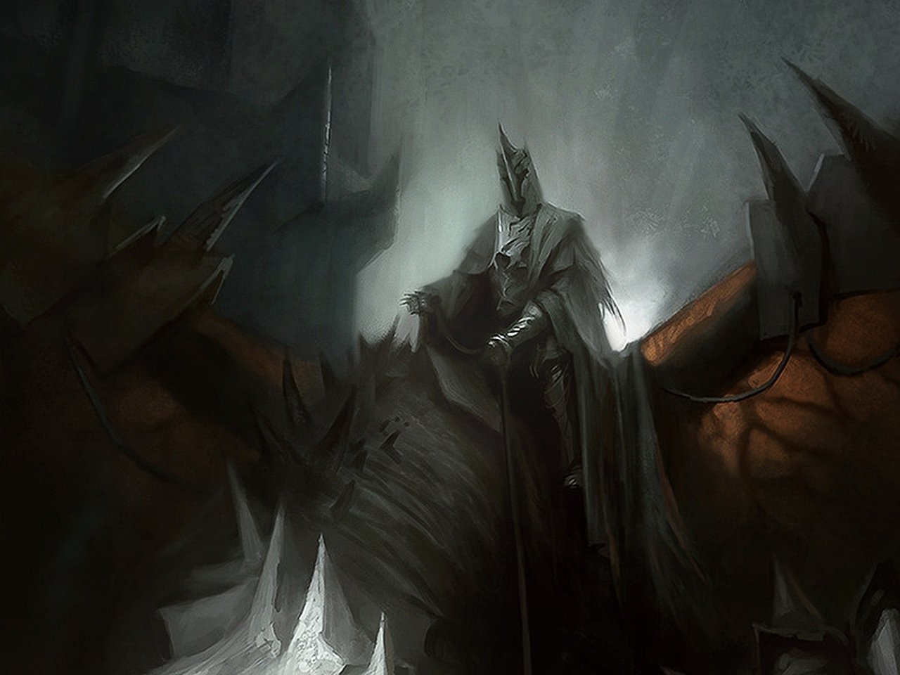 A dark, fantasy scene from The Lord of the Rings featuring a menacing armored figure atop a monstrous creature in a shadowy, ominous environment.