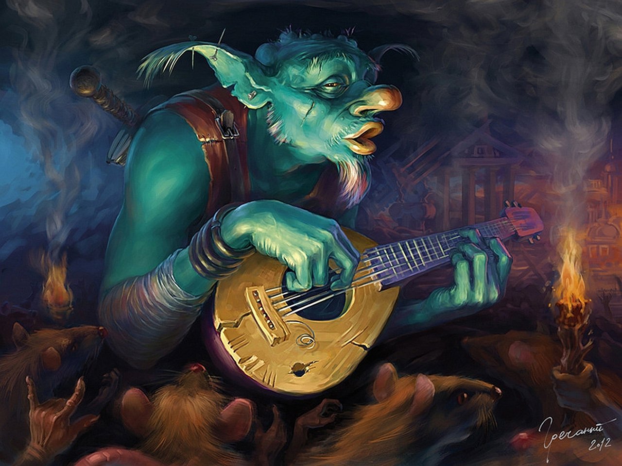 A green goblin passionately plays a lute amidst a dark, smoky setting, surrounded by shadows and hints of ancient ruins, embodying a vibrant fantasy atmosphere.