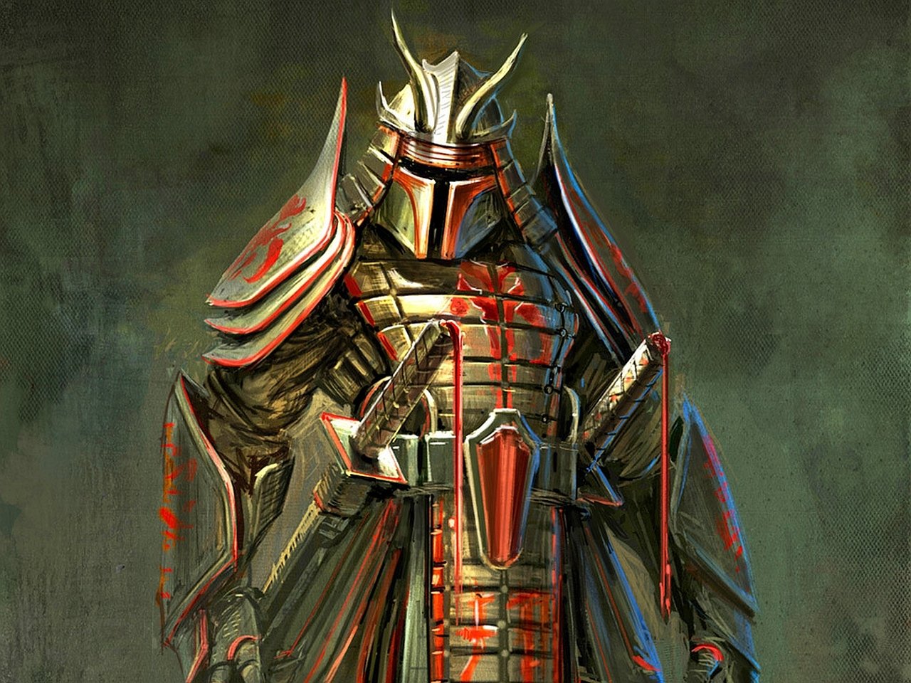 A fierce samurai stands tall in intricate armor, showcasing a blend of fantasy elements and striking details, embodying strength and valor in a dramatic, captivating style.