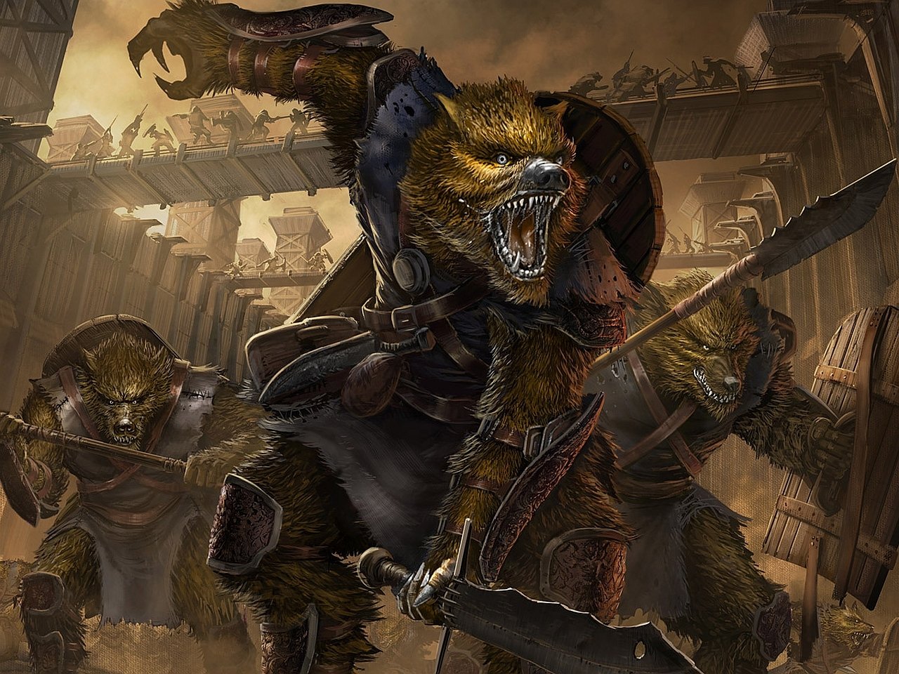 A dark scene featuring fierce werewolves armed with swords, charging forward against a backdrop of a medieval fortress under siege, showcasing intense battle dynamics.
