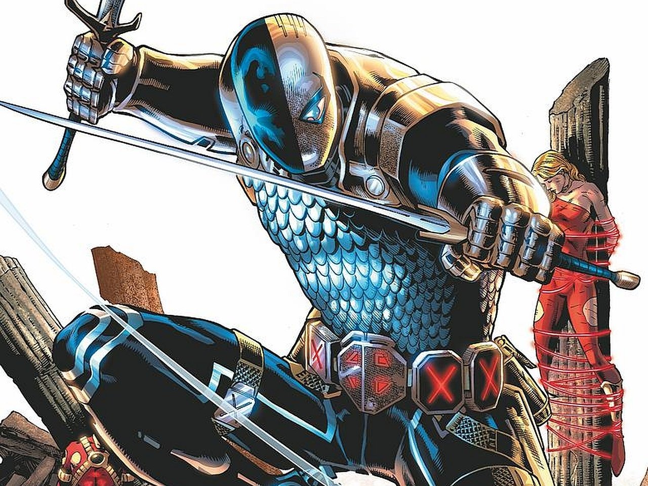 Comic-style illustration featuring a masked armored warrior holding a sword, with a Teen Titans character tied to a wooden post in the background.