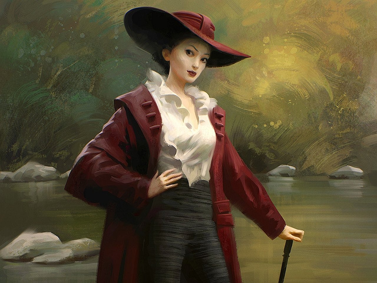 Artistic portrait of a woman in a red coat and wide-brimmed hat standing by a calm river, hand on hip and holding a cane, painterly background.
