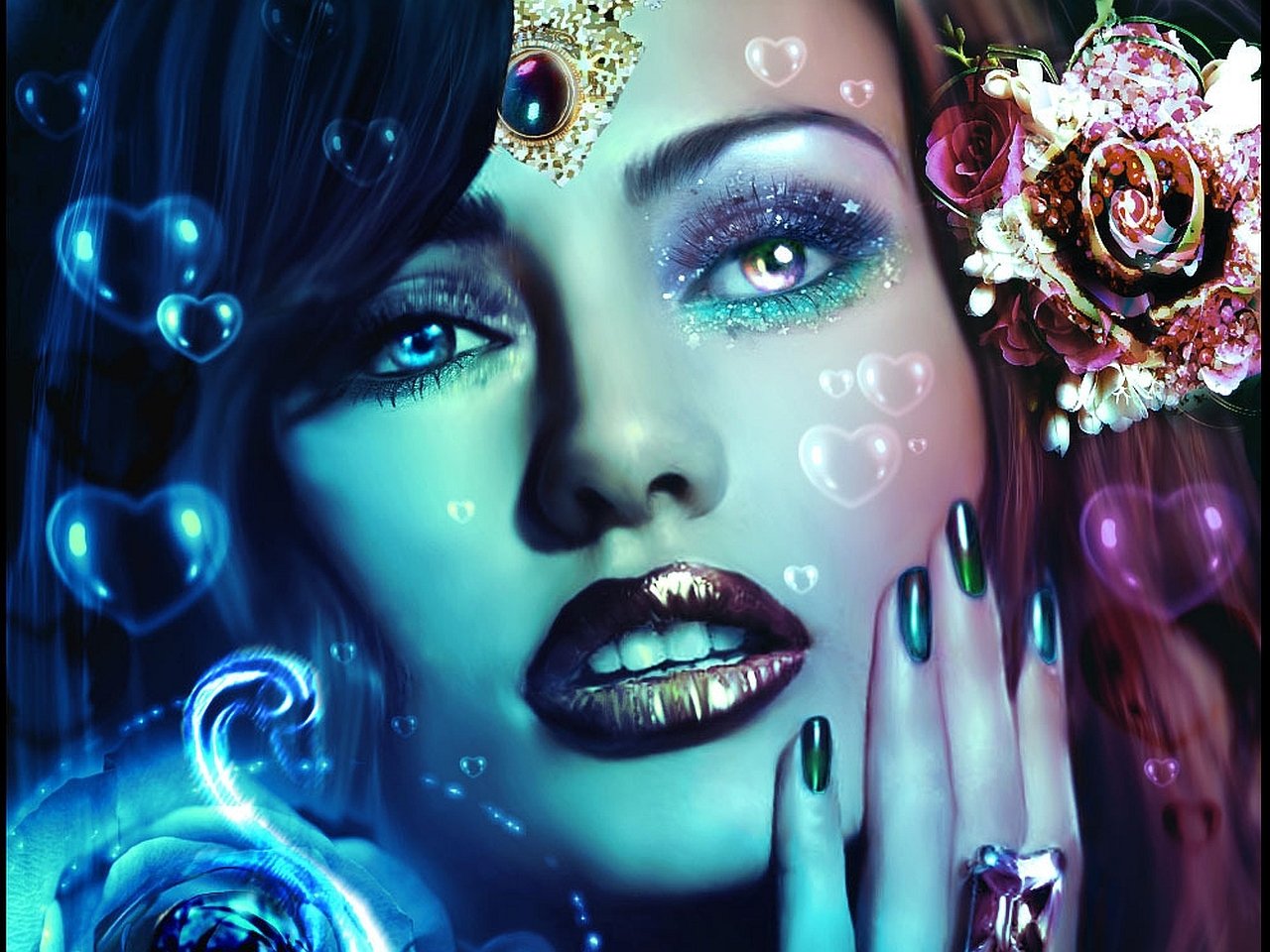Fantasy woman with jewel-adorned forehead and floral hair ornament, glowing teal skin and glittering eyes, dark glossy lips, long nails and floating iridescent bubbles.