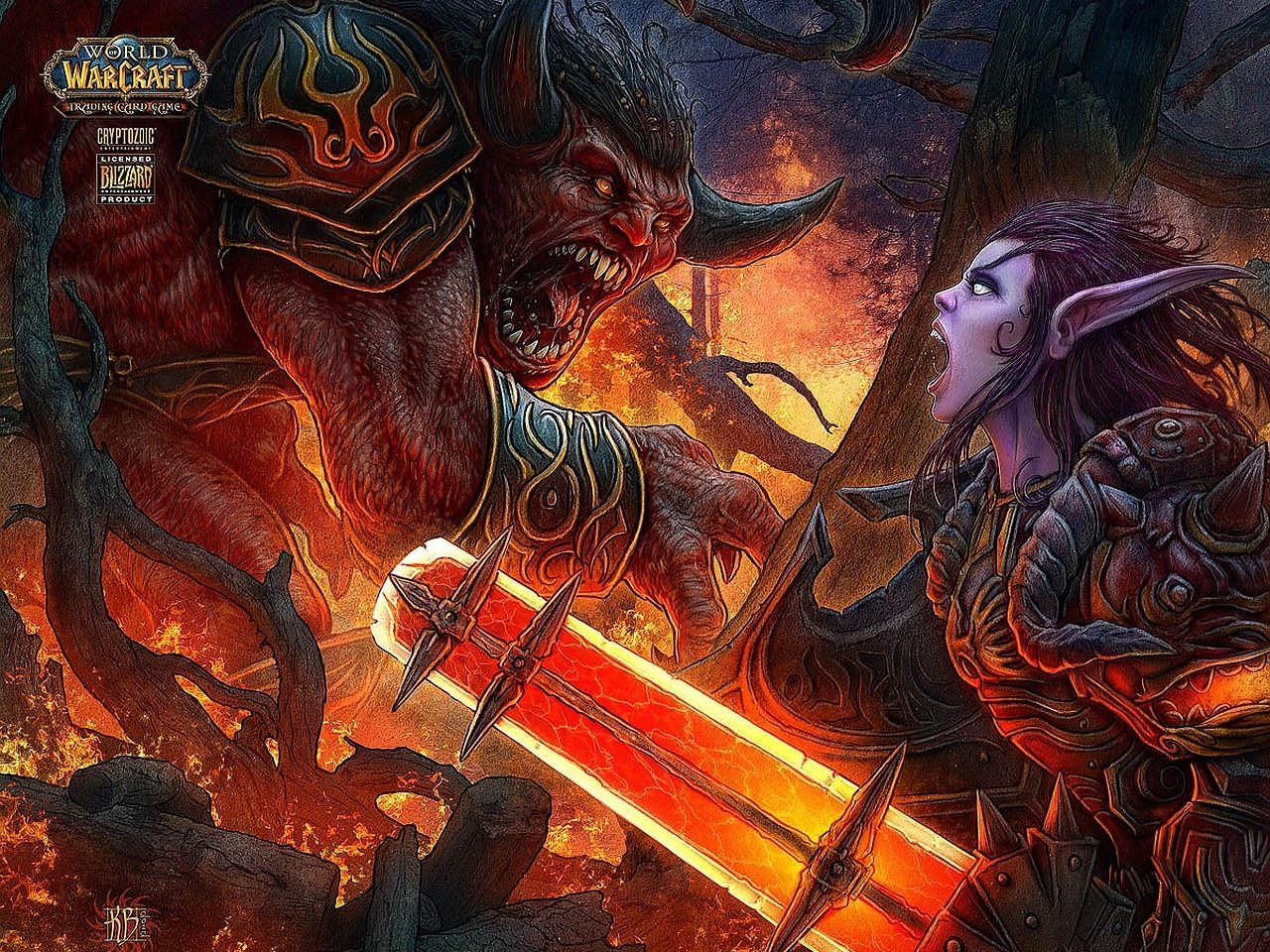 Video game art for World of Warcraft Trading Card Game: blood elf warrior with flaming sword faces a snarling demon amid fiery ruins.