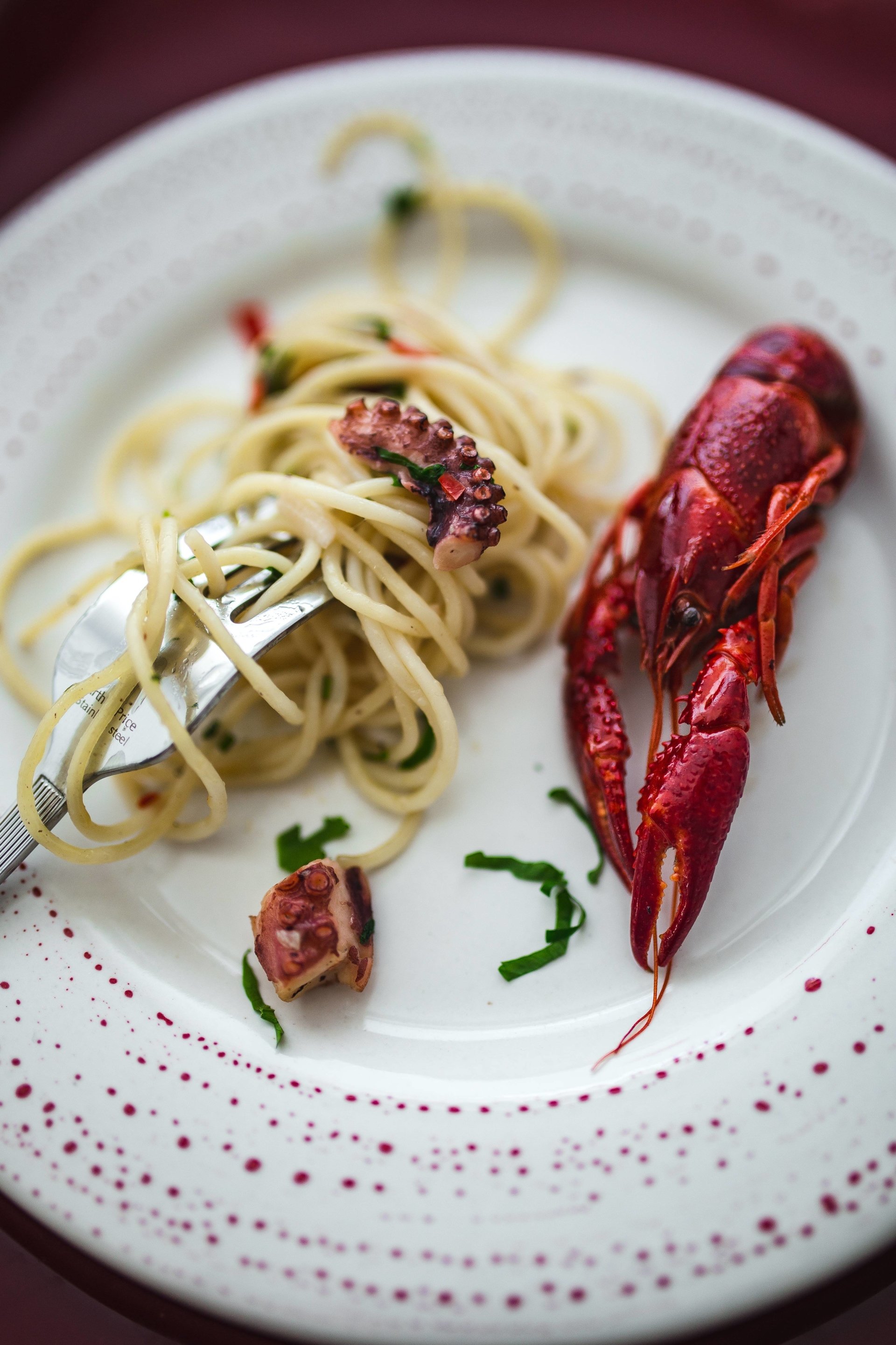  Fancy dinner with seafood pasta and crayfish by Karolina Grabowska